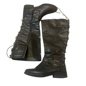 Wanted Moto Rugged Edgy Lace Up Back Knee High Riding Boots Olive Green Size 6.5
